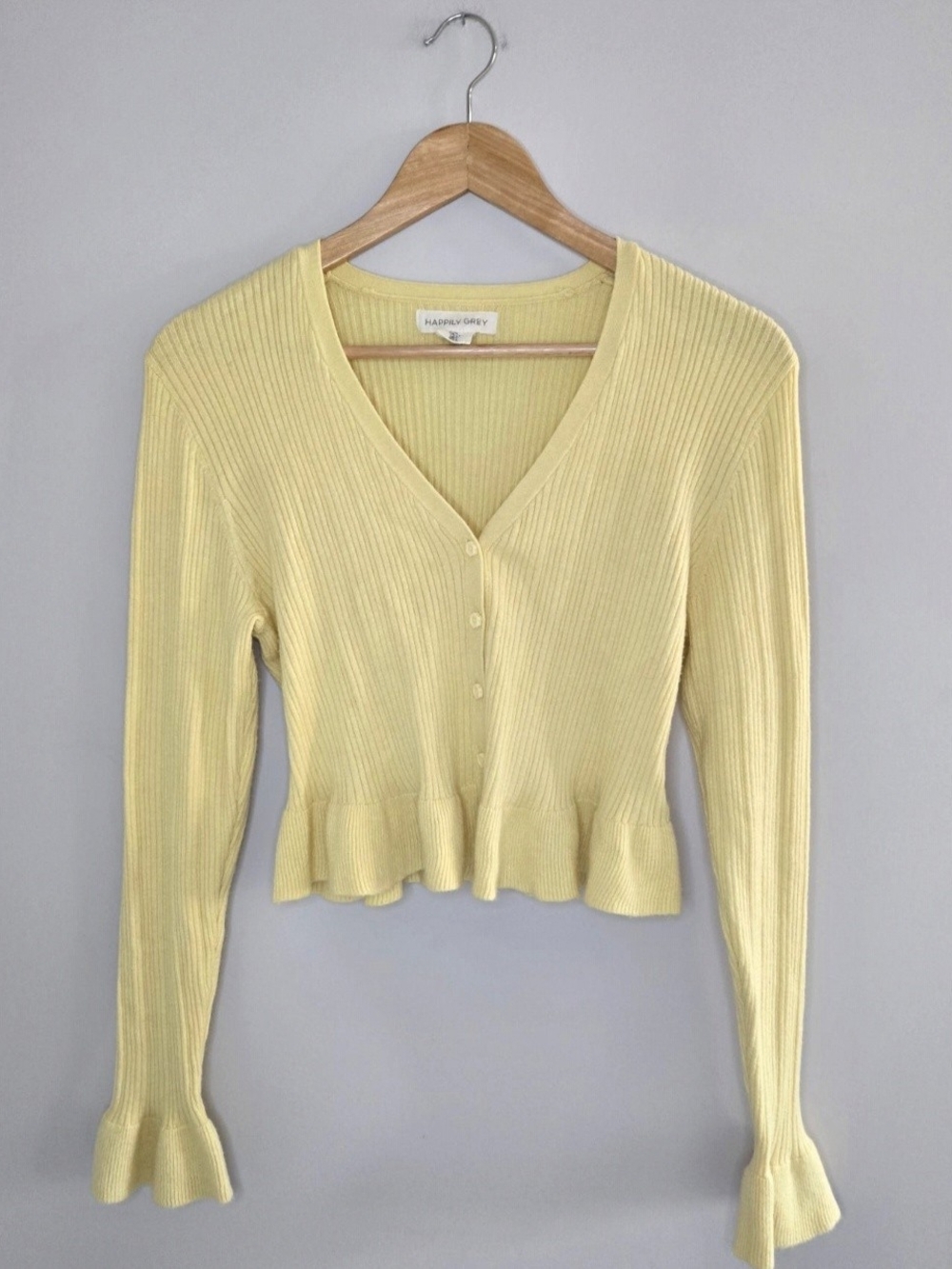 Happily Grey light yellow ribbed v-neck flower button cardigan, peplum hem